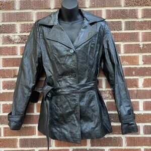 Dialogue Black Notch Lapel Belted Embossed Leather Jacket Womens Size S